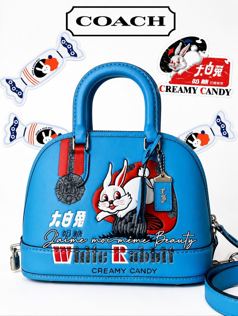 Coach RETAIL CHINA Exclusive White Rabbit Candy Collab Revel Top Handle Bag Blue - Picture 1 of 16